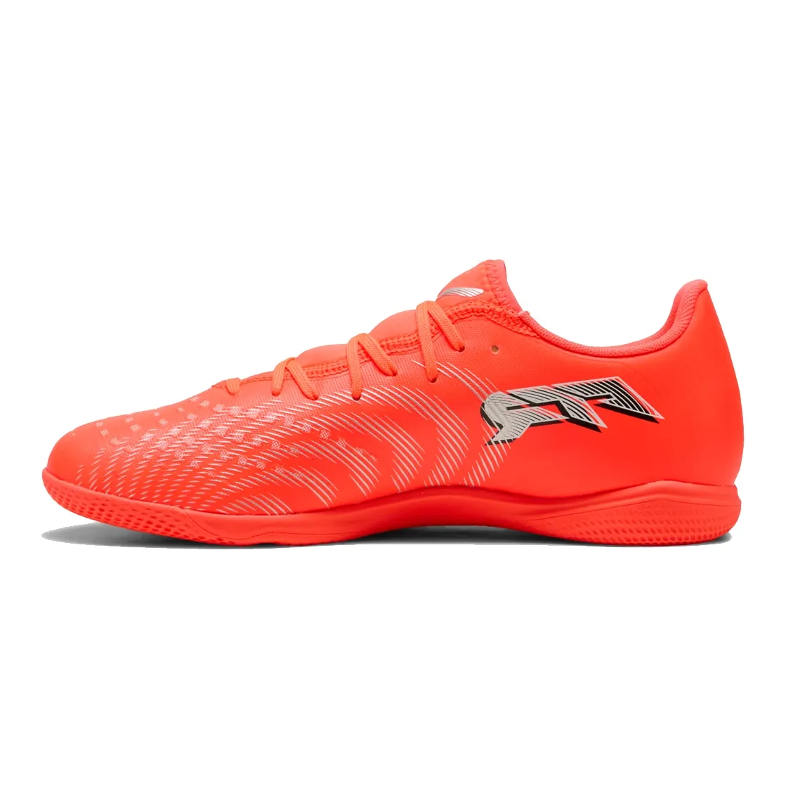 Chuteira Puma Future 9 Play It masculina vermelha vista lateral direita em outro ângulo com detalhes em preto e cinza